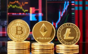 عملات رقمية: بيتكوين، إيثريوم، ولايتكوين أمام شاشة تداول