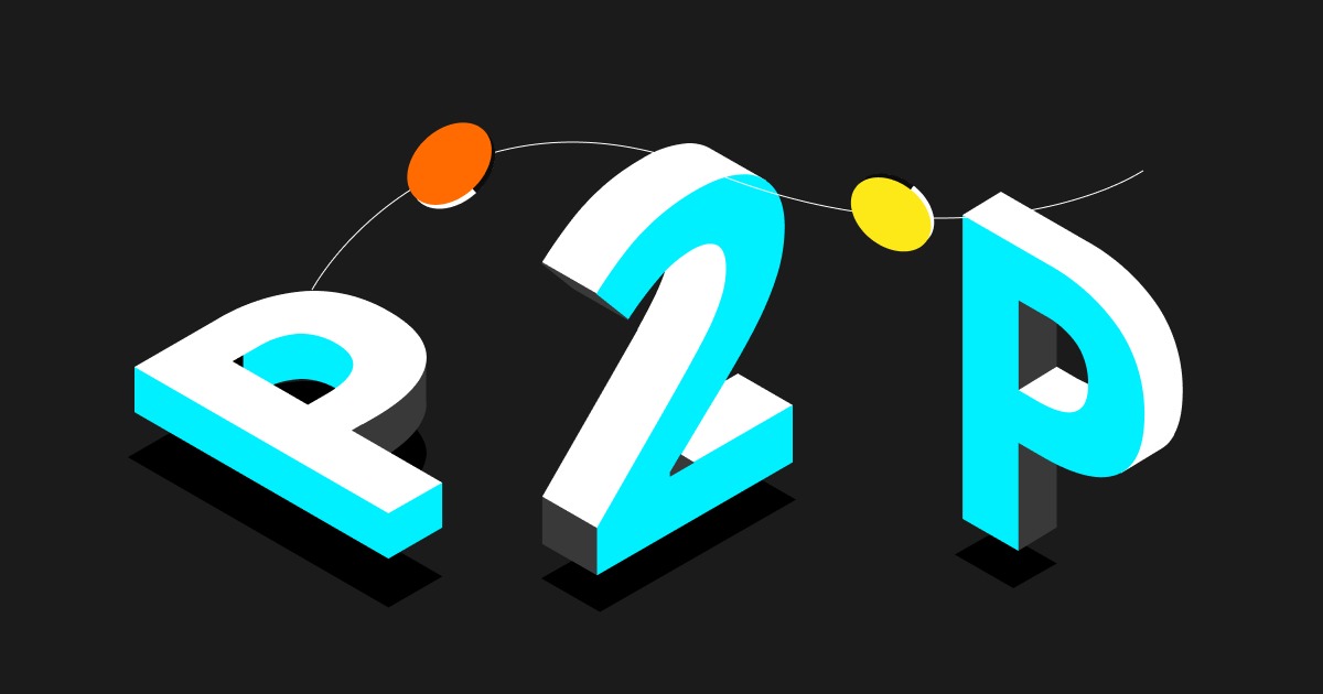تصميم ثلاثي الأبعاد لحروف "P2P" متصلة بعناصر دائرية، مما يعكس مفهوم منصات تداول العملات الرقمية من نظير إلى نظير (P2P) 