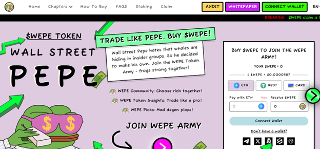 الصفحة الرئيسية لموقع عملة Wall Street Pepe