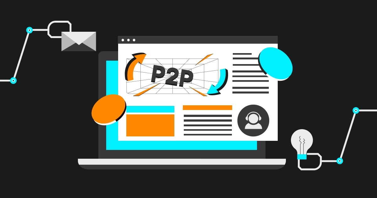 رسم لجهاز كمبيوتر محمول مع واجهة تداول P2P على شاشته، محاطة بعناصر بصرية مثل الأسهم التي ترمز إلى التبادل