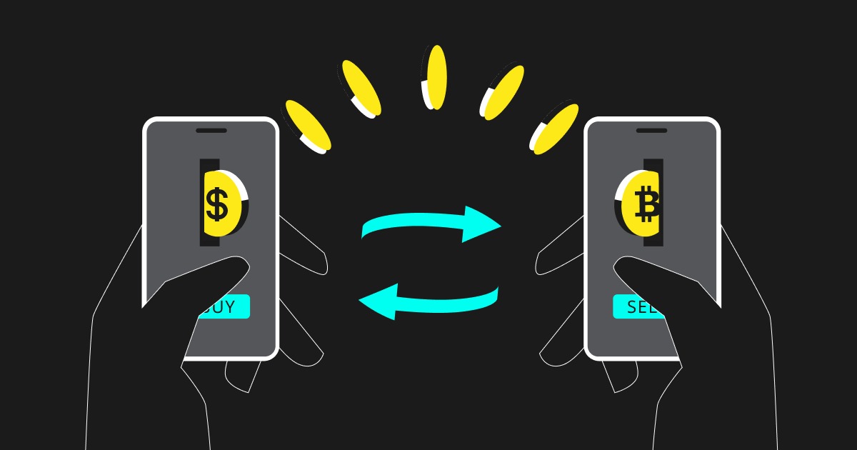  هاتفان يمثلان عملية بيع وشراء العملات الرقمية عبر P2P بسهم يوضح التبادل المباشر.
