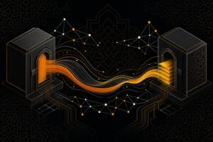 رسم تحريري يجسّد تحول احتياطيات العملات المستقرة من ودائع بنكية صلبة إلى أصول سائلة متصلة عبر شبكة من العقد