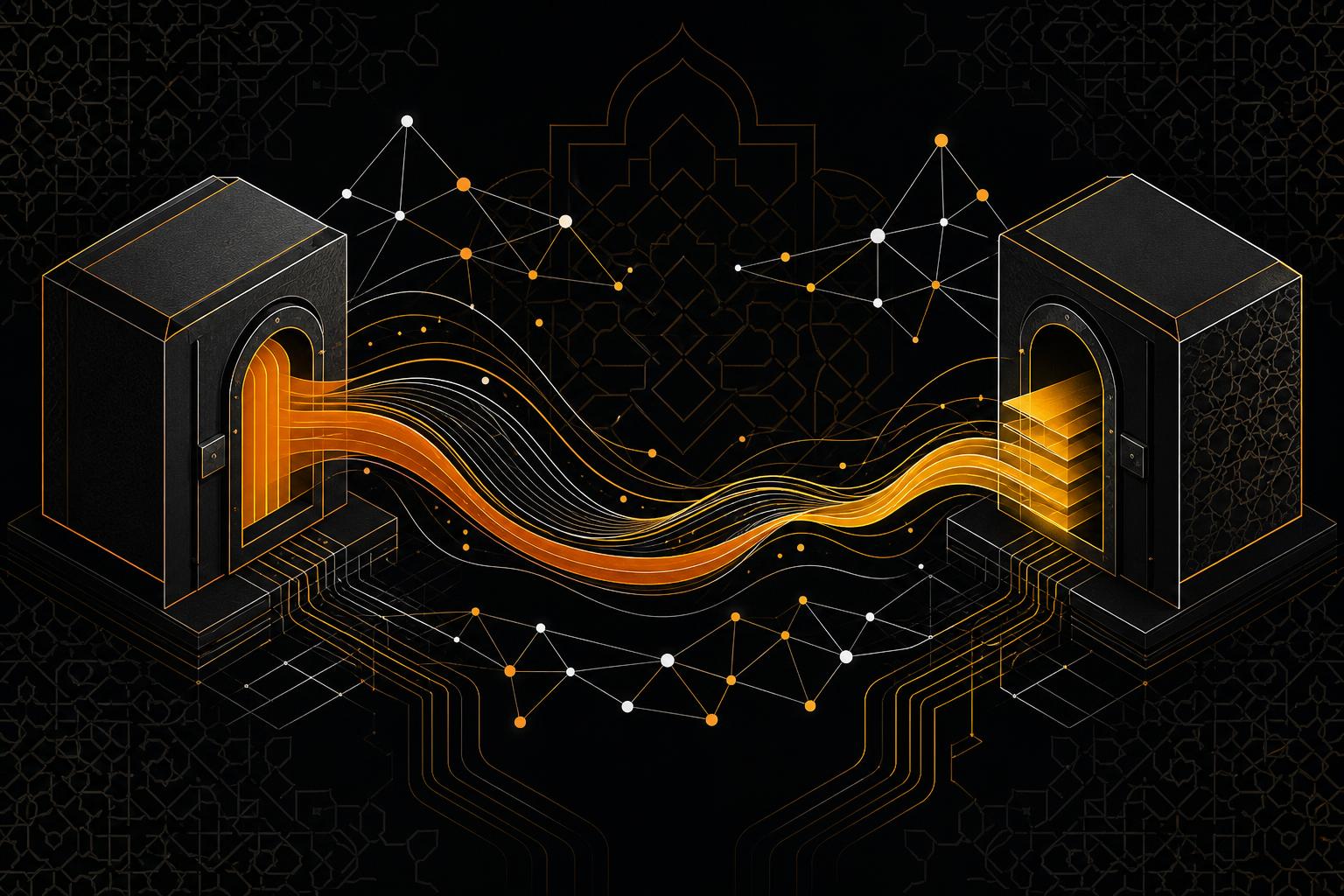 رسم تحريري يجسّد تحول احتياطيات العملات المستقرة من ودائع بنكية صلبة إلى أصول سائلة متصلة عبر شبكة من العقد