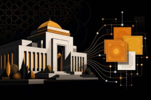 رسم تحريري لأوراق مالية مرمزة مرتبطة بمؤسسة مركزية عبر خطوط شبكية