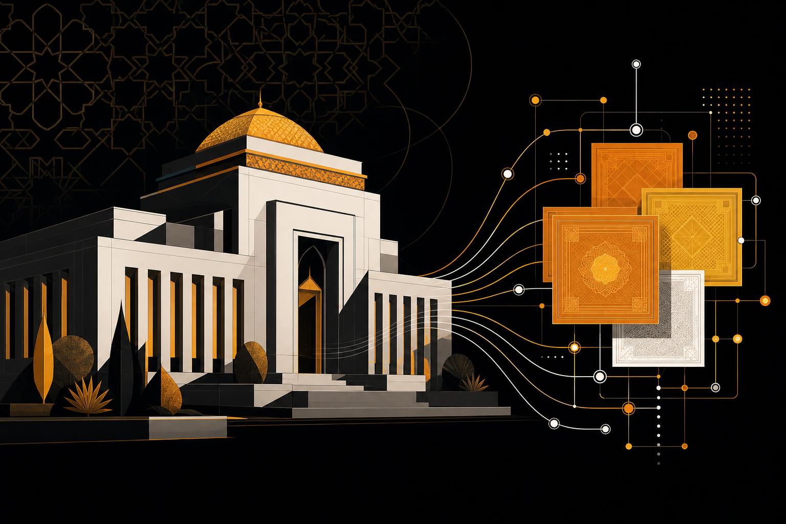 رسم تحريري لأوراق مالية مرمزة مرتبطة بمؤسسة مركزية عبر خطوط شبكية