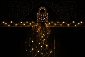 رسم تحريري هندسي يصور اختراق محفظة إلكترونية وسحب توقف للأموال
