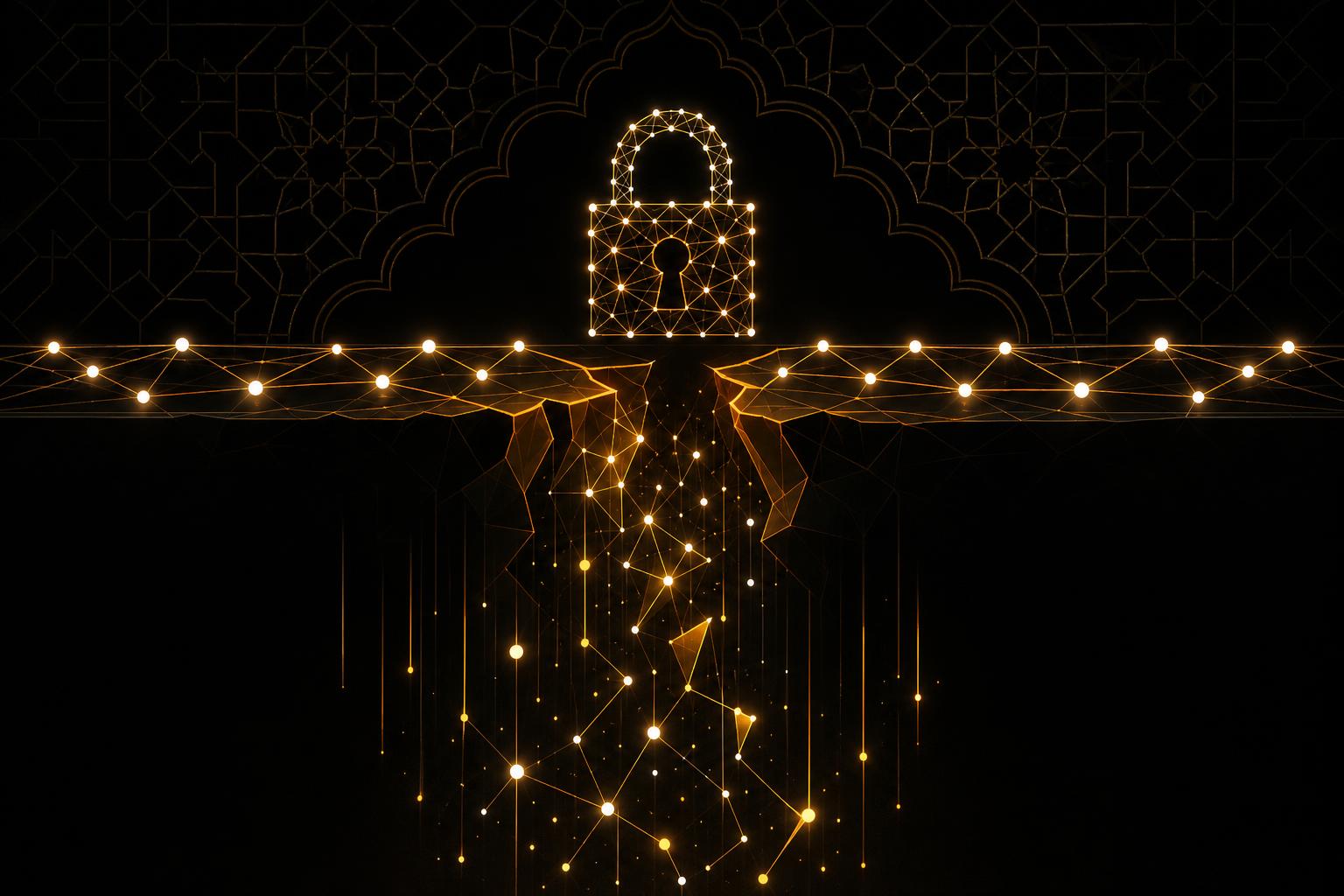 رسم تحريري هندسي يصور اختراق محفظة إلكترونية وسحب توقف للأموال
