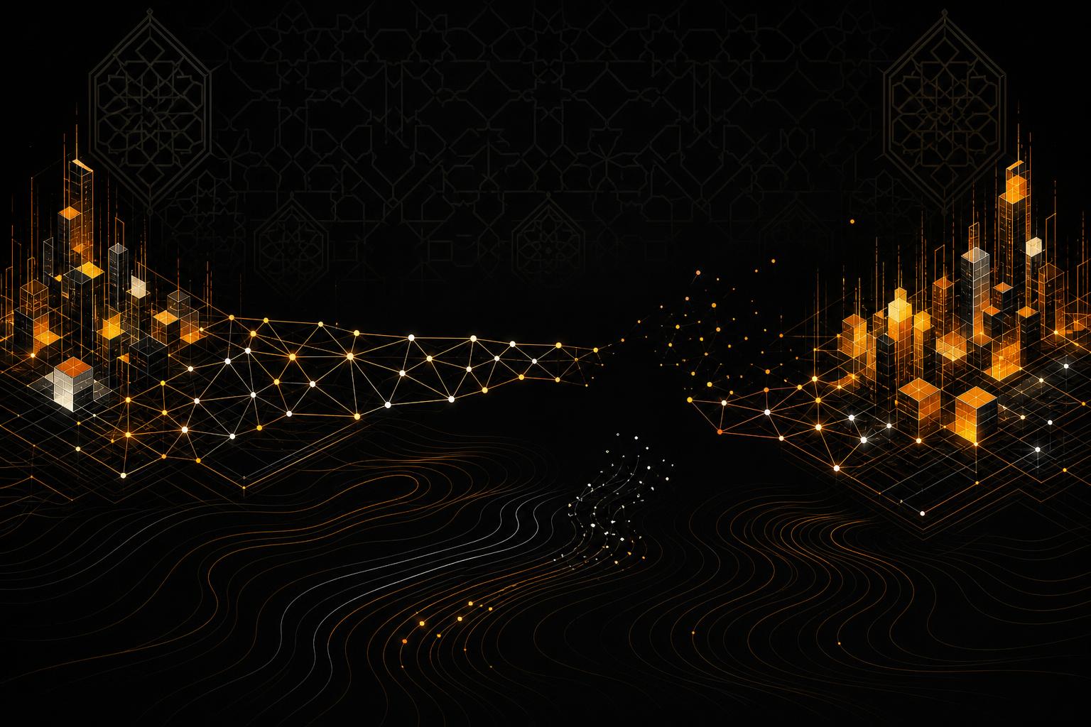 رسم تحريري يجسّد انسحاب عقدة من شبكة جسور رقمية متصلة، بأسلوب هندسي هادئ بالبرتقالي والأصفر على خلفية داكنة