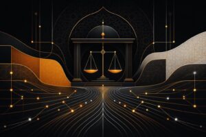 رسم تحريري تجريدي لخطوط دفتر أستاذ تتلاقى نحو ميزان احتياطي يمثل إطار العملات المستقرة