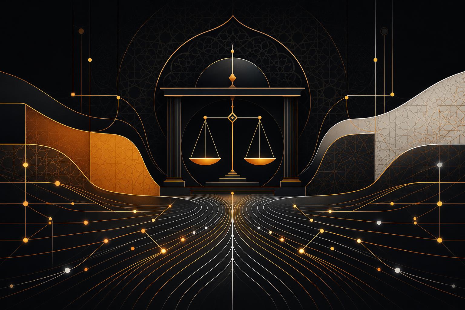 رسم تحريري تجريدي لخطوط دفتر أستاذ تتلاقى نحو ميزان احتياطي يمثل إطار العملات المستقرة