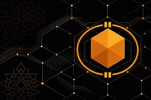رسم توضيحي هندسي لعقد شبكة متصلة وسدس سداسي موقوف داخل حلقة كهرمانية على خلفية داكنة