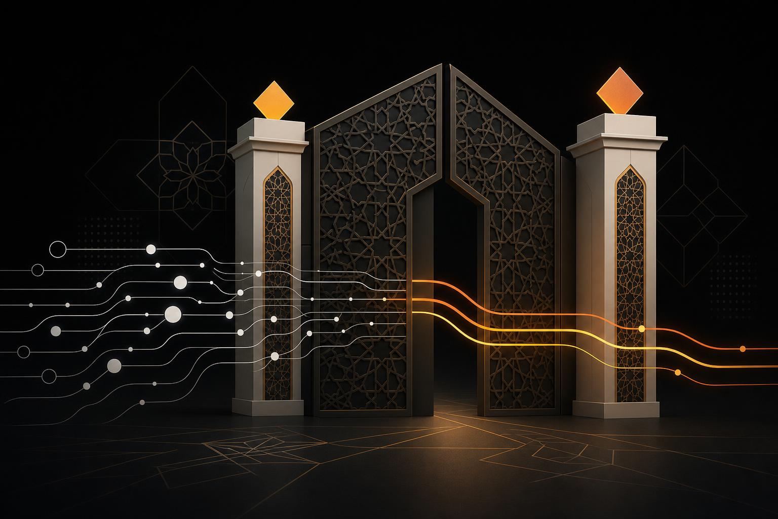 رسم تحريري هندسي لبوابة مزدوجة تمر عبرها خطوط شبكية، يرمز إلى شروط الترخيص المزدوج لإعلانات العملات الرقمية في الإمارات